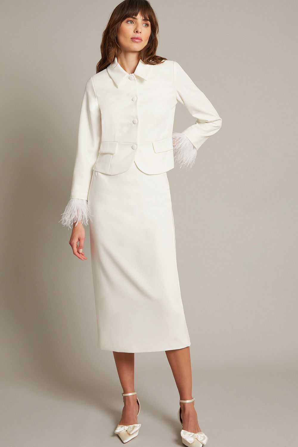 Monsoon Luisa Feather Cuff Wedding Jacket Ivory