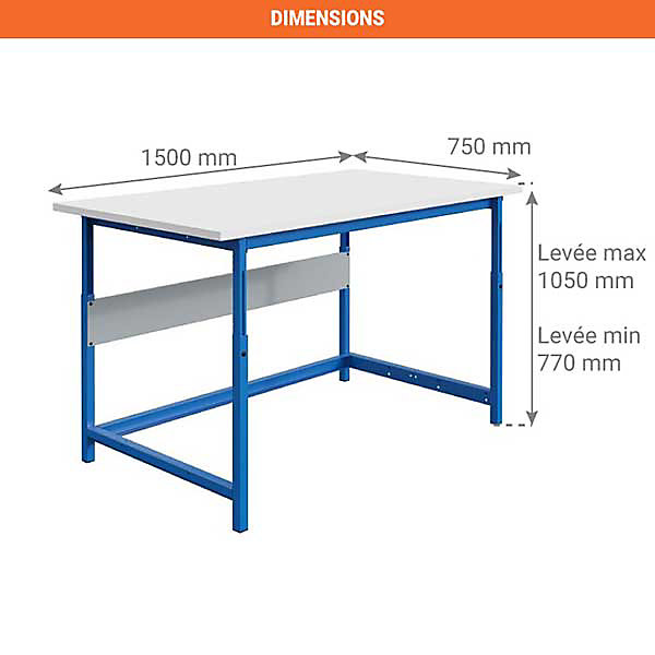 Etabli réglable - Dimensions 1500x750x770/1050mm - Anthracite RAL7016 - W010020591-GA