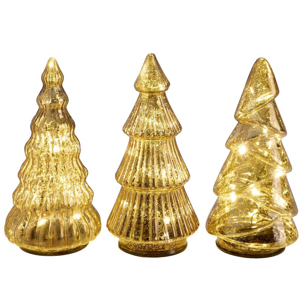 Sapin de No&euml;l x3 avec LED en verre jaune doré Ø9xH17,5cm