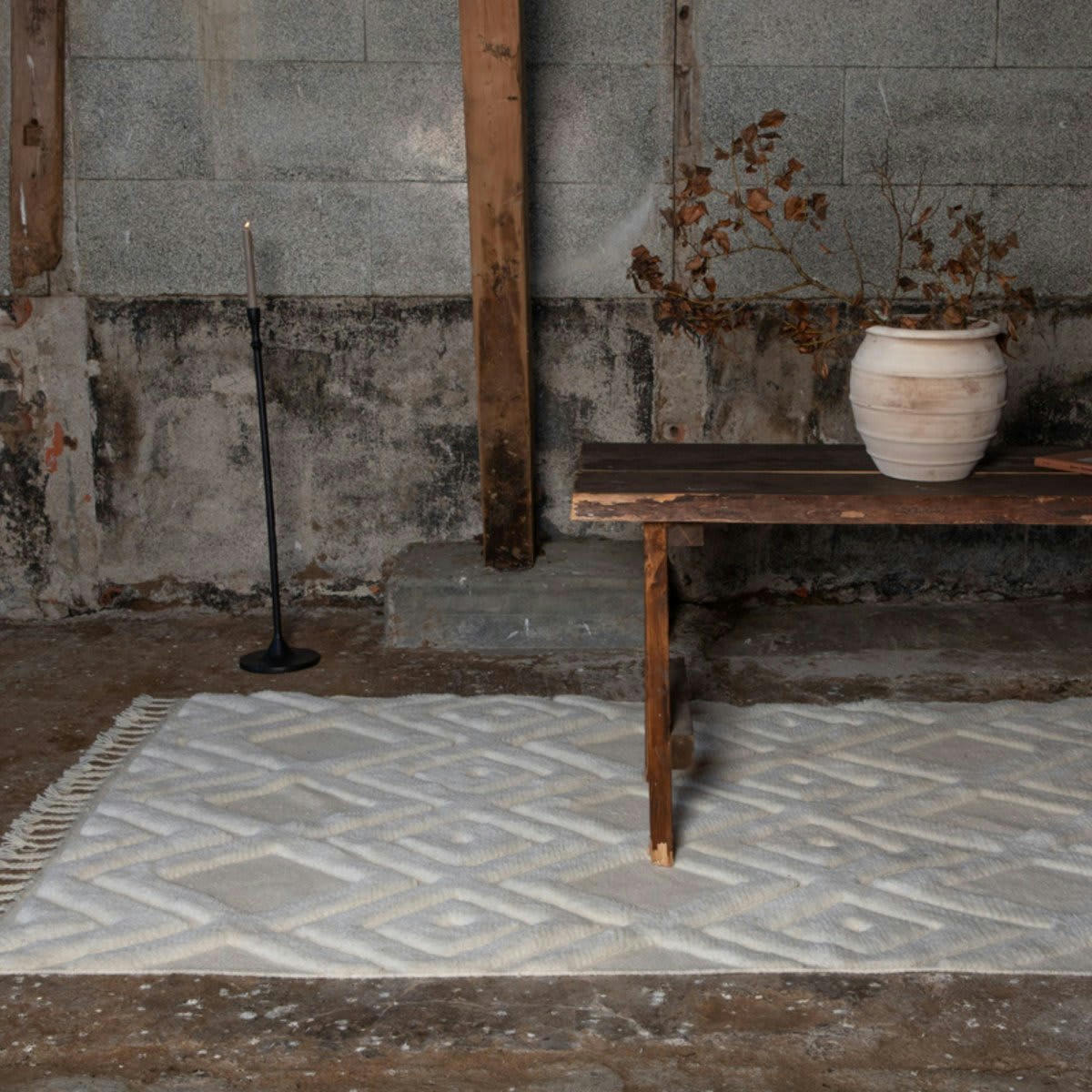 OTHMAN - Tapis rectangulaire blanc style bohème en laine 300cm