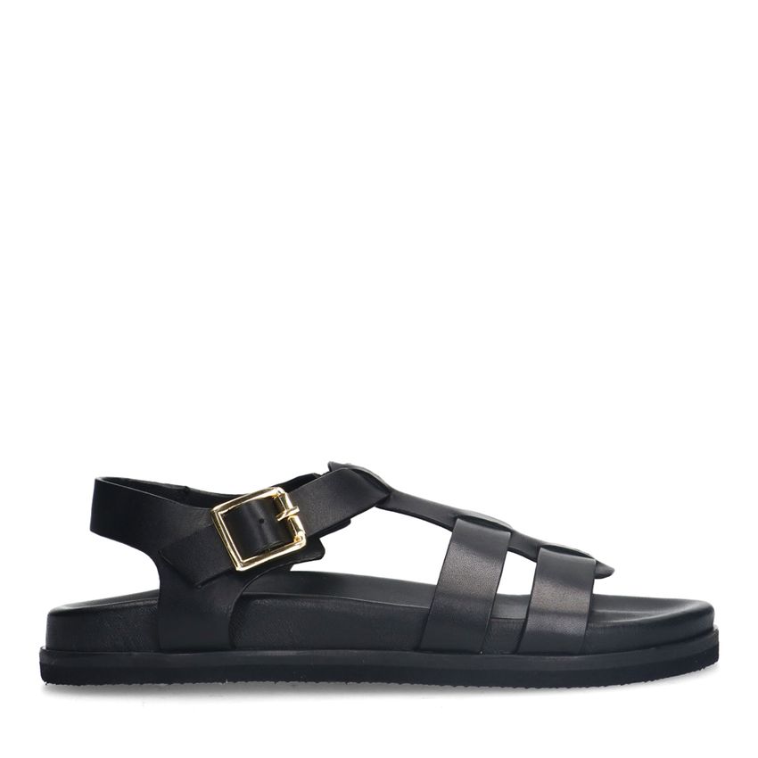 Manfield Zwarte leren sandalen met gespsluiting