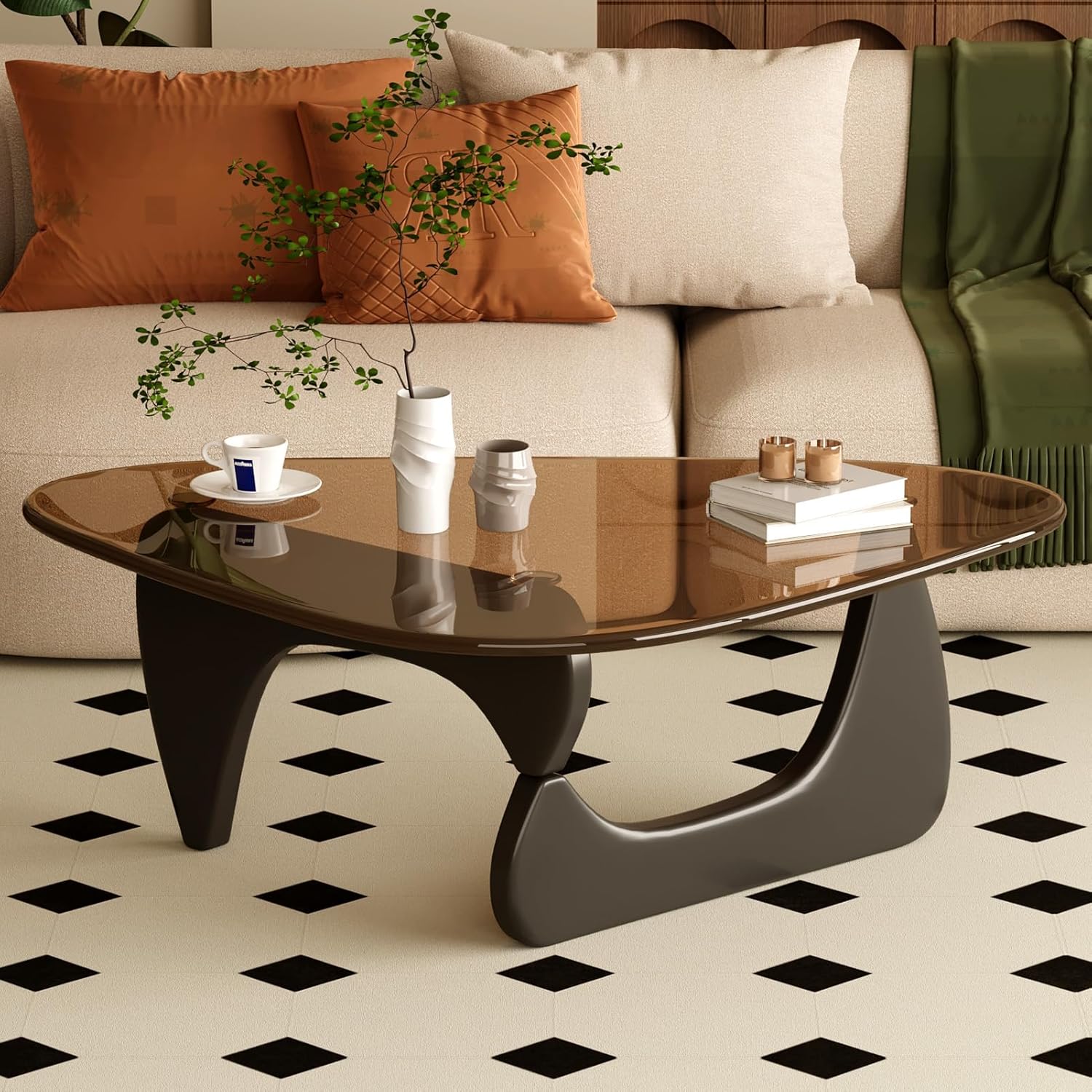 Coffee Table for Living Room Mid Century Modern Center Table with Glass Top and Wood, Black Brown