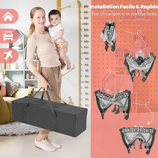 Lit Parapluie Bébé avec Matelas Boîte à Musique 3 Jouets Sac de Transport Sac Latéral Gris