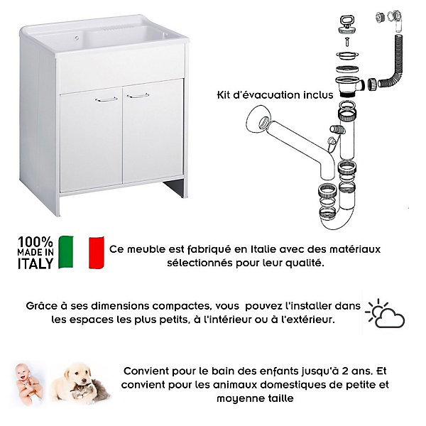 Meuble buanderie double porte PVC avec vasque bac à laver polypropylène 80x50 Blanc