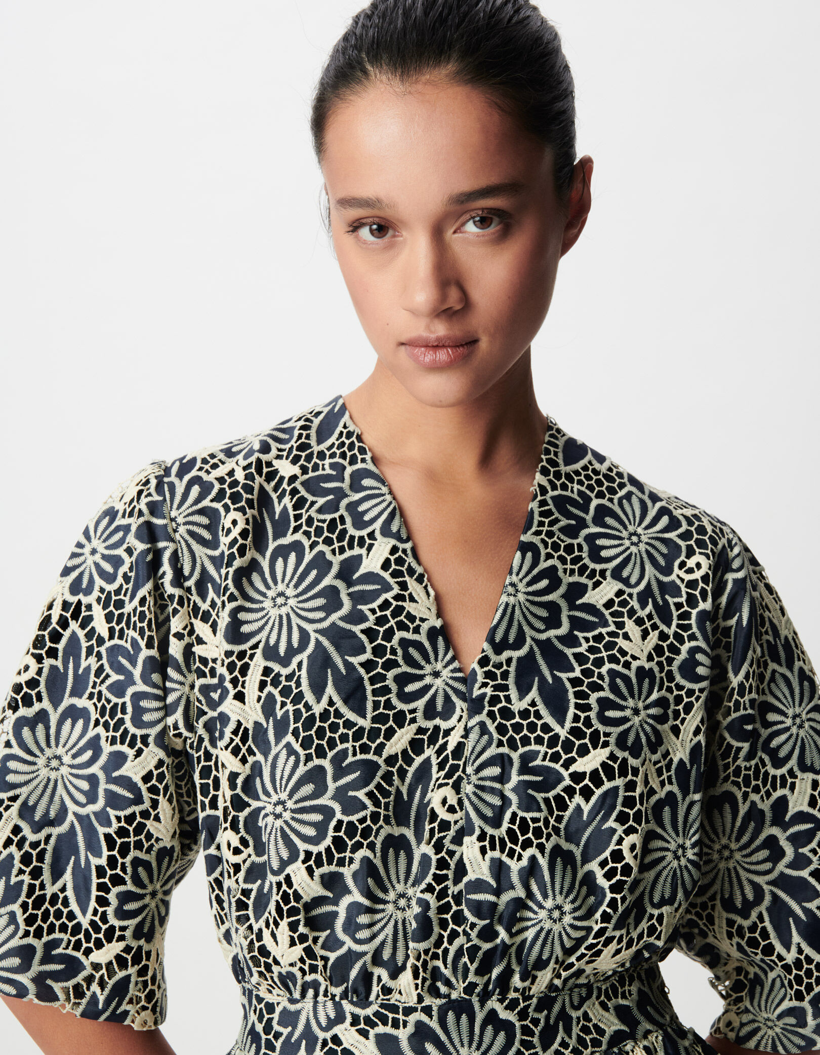 Robe chic marine dentelle écrue Femme
