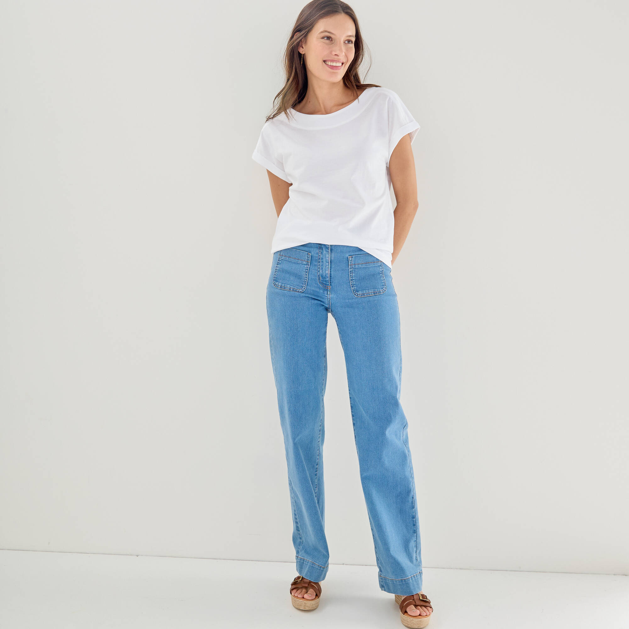 T-shirt uni col bateau, manches courtes