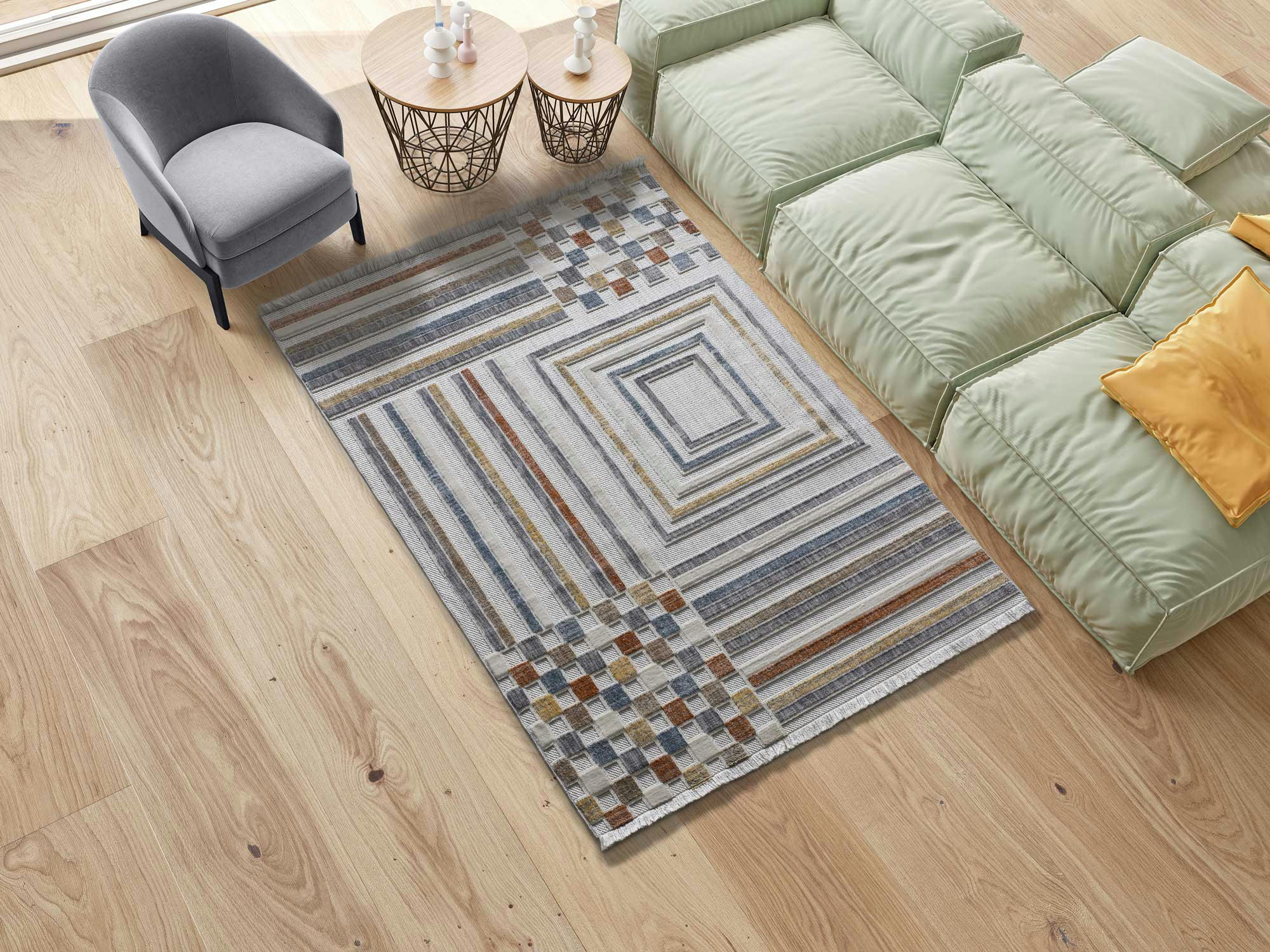 BROADWAY - Tapis géométrique avec relief et franges, multicolore, 77X150 cm