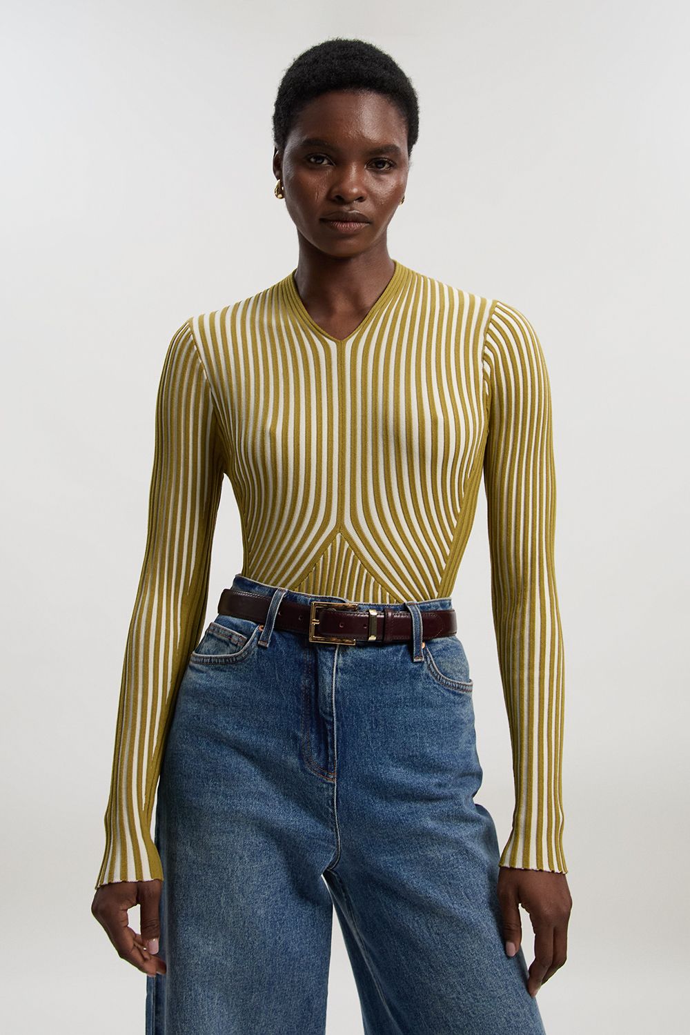 KarenMillen Petite Stripe Fitted Long Sleeve Knitted Top