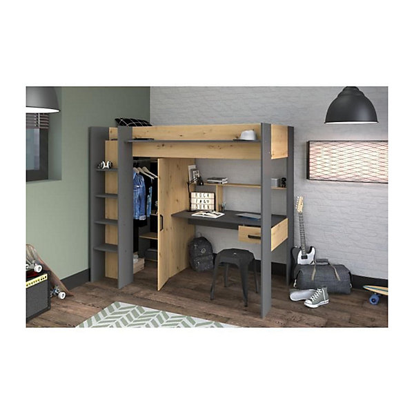 Lit mezzanine avec bureau et armoire - 90 x 200 cm - Coloris : Naturel et anthracite - AUCKLAND