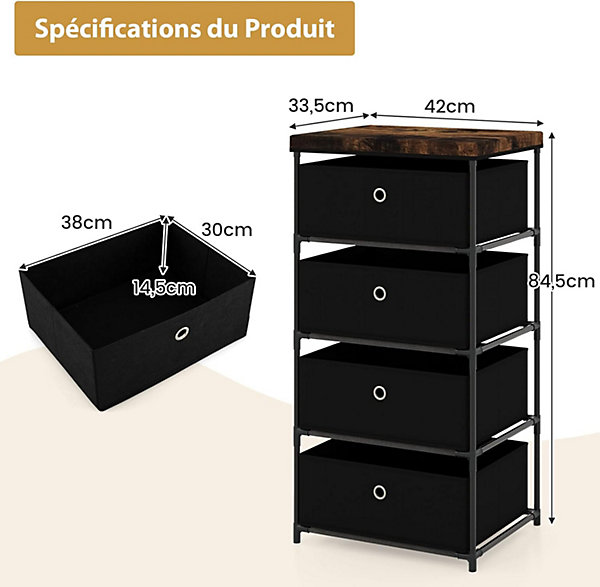 Commode de Rangement 4 Tiroirs Meuble de Rangement avec Tiroirs en Tissu Cadre Métallique Robuste Tiroirs Amovibles Noir
