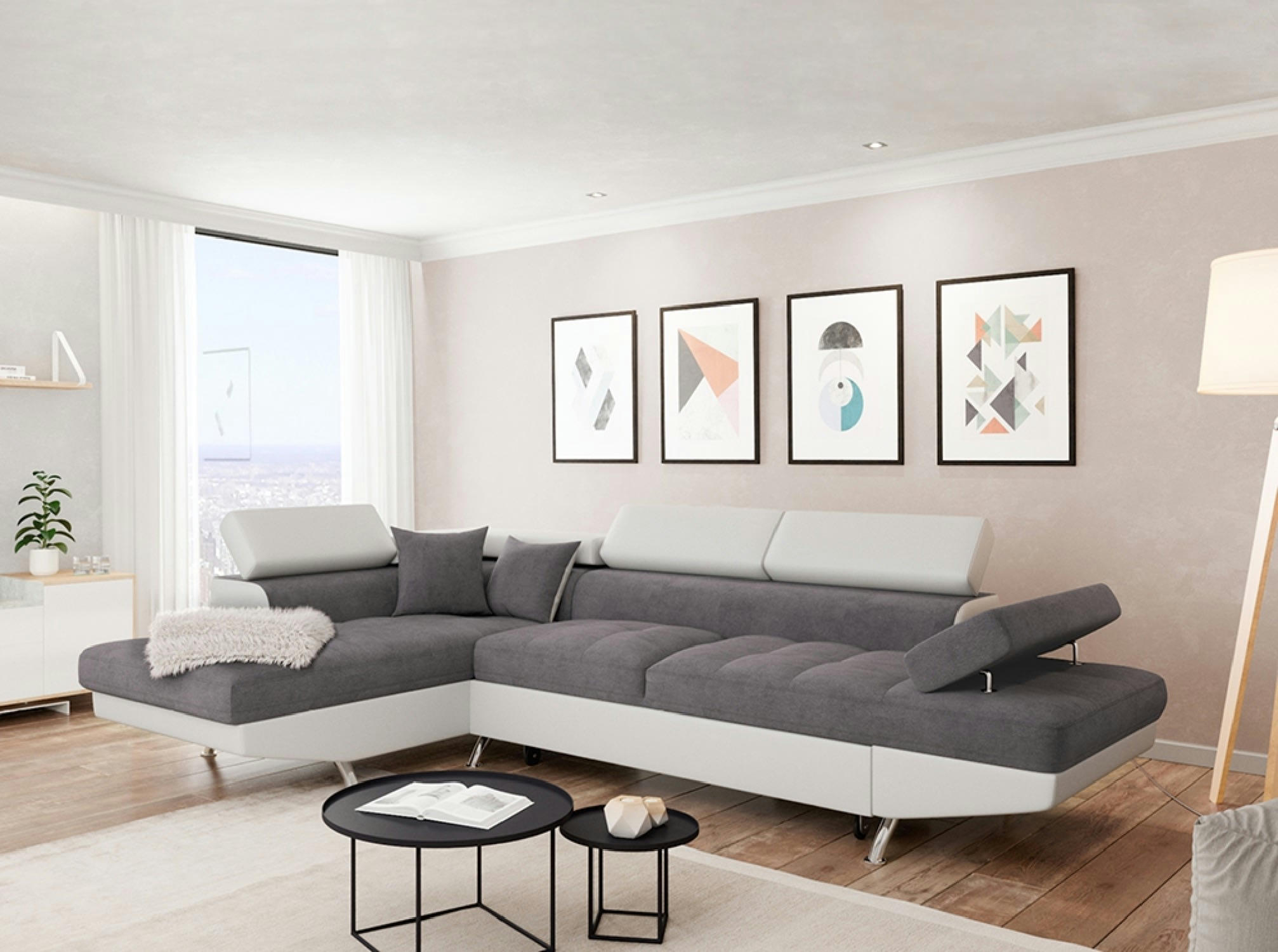 RIO - Canapé d'angle gauche convertible avec coffre bi-matière blanc/gris