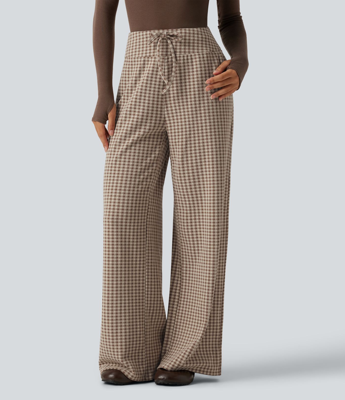 Pantalon baggy taille mi-haute à carreaux avec cordon de serrage et poches