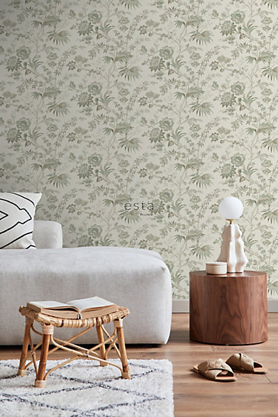 ESTAhome papier peint fleurs vintage beige crème et vert grisé 53 cm x 10.05 m