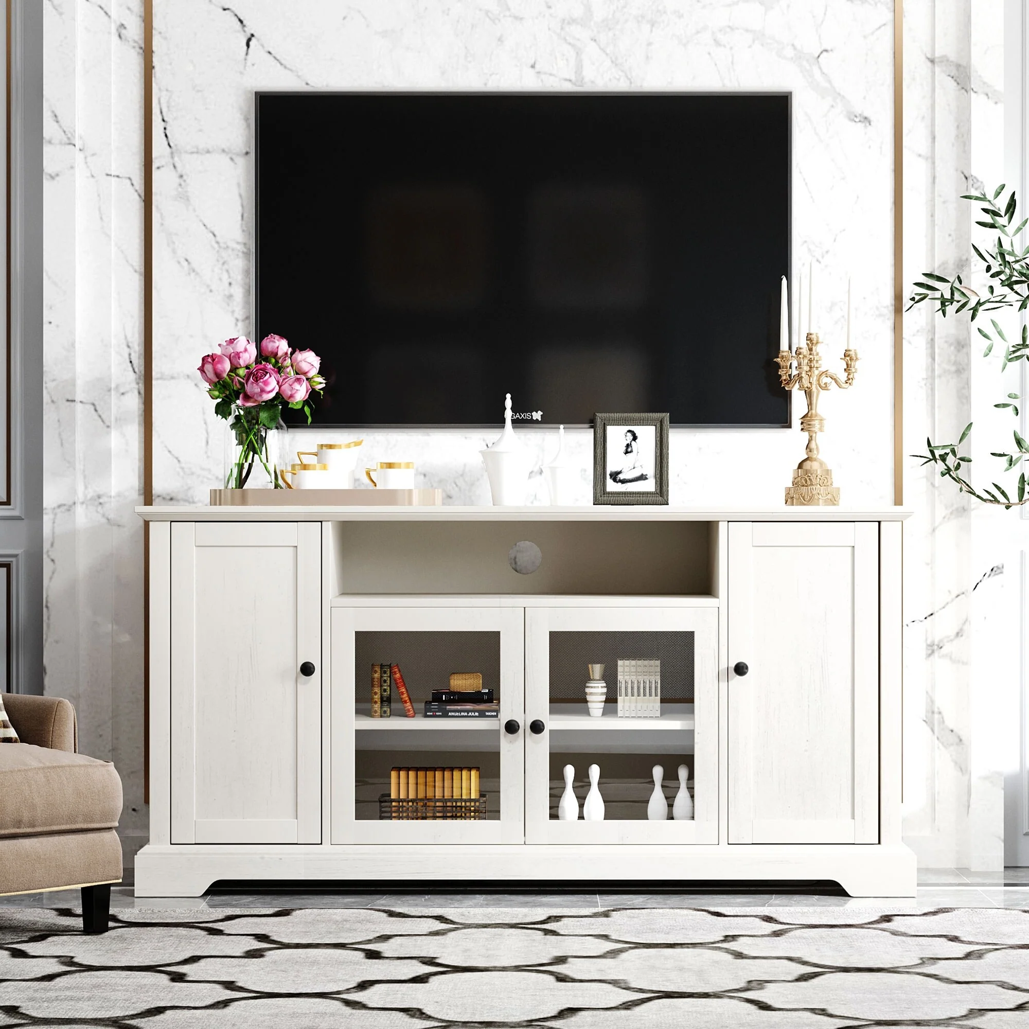 59 TV Stand with Glass Doors & Open Cabinet for TVs Up to 65