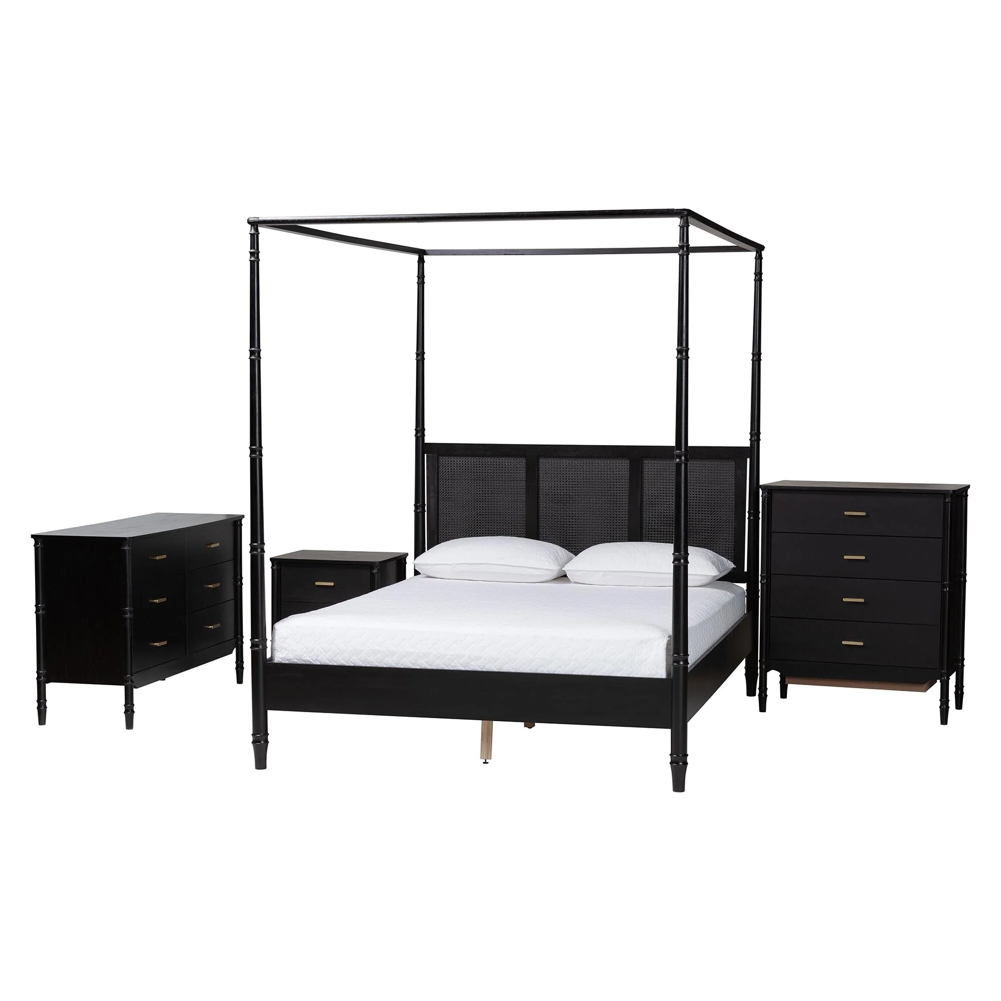 Marisela 4-Piece Black Bedroom Set - Canopy Bed with Synthetic Rattan Headboard, Matching Dresser, Chest, and Nightstand