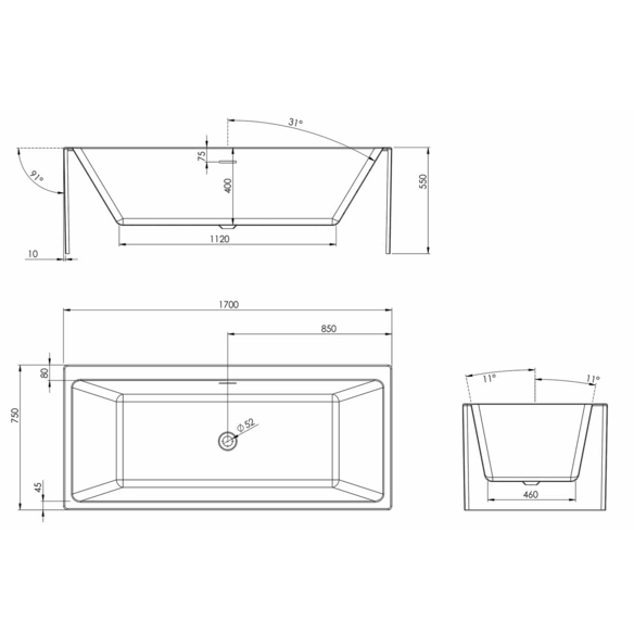 Badewanne »Seaport«, Vorwand, 1700x750 mm, weiß,inkl. Ablaufgarnitur Pop up, chrom