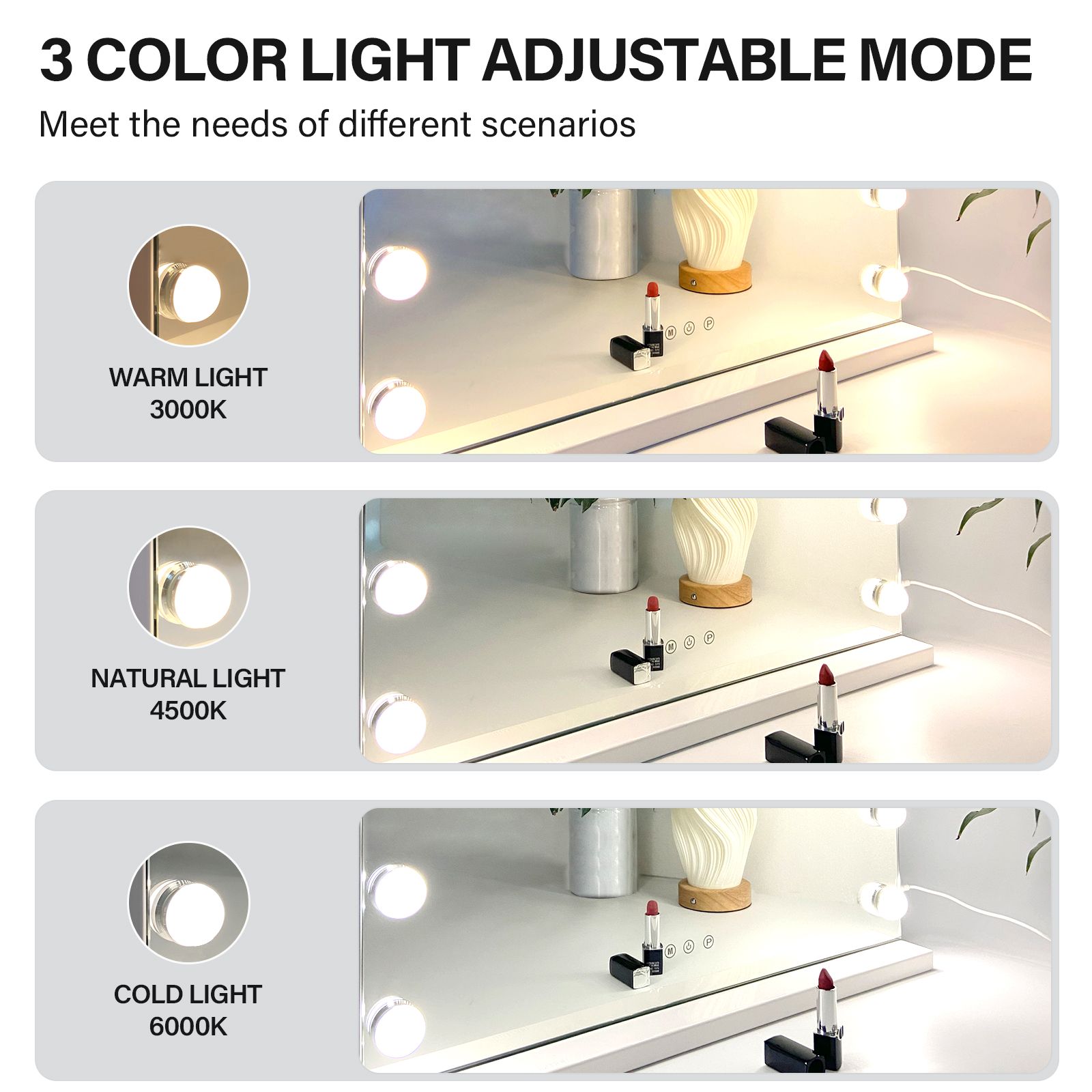 INMTFEI Hollywood LED Vanity Mirror with 3 Color Light Stepless Dimming & 10X