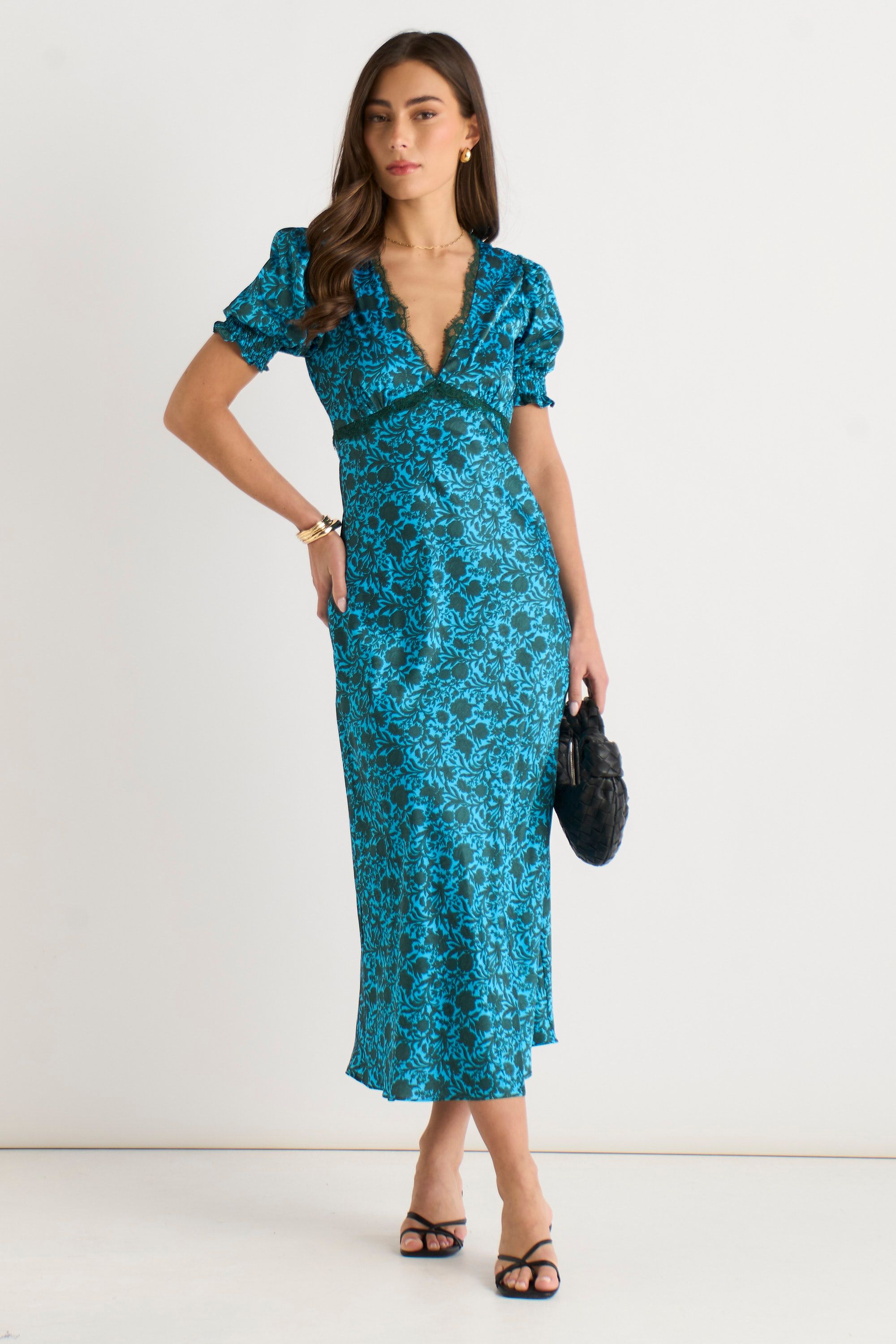 Gini London Green Floral Lace Trim V Neck Midi Dress
