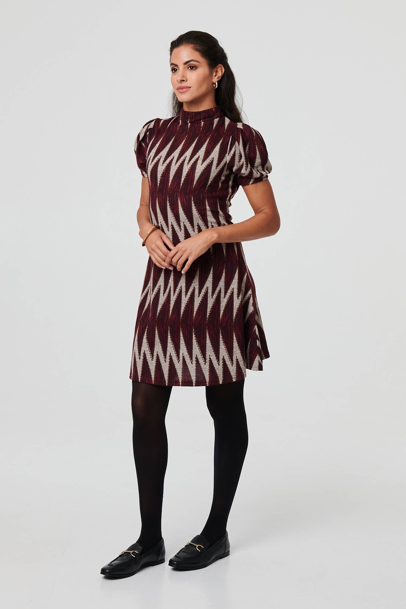 Izabel London Geo Print Puff Sleeve Mini Skater Dress