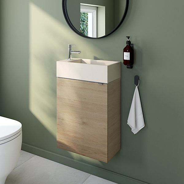Meuble lave-mains à poser effet chêne l.44 cm Imandra   plan vasque béton beige moucheté, GoodHome