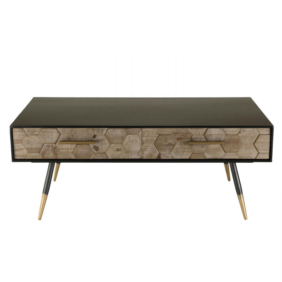 DALIE - Table basse noire 2 tiroirs en sapin marqueté pieds métal L110