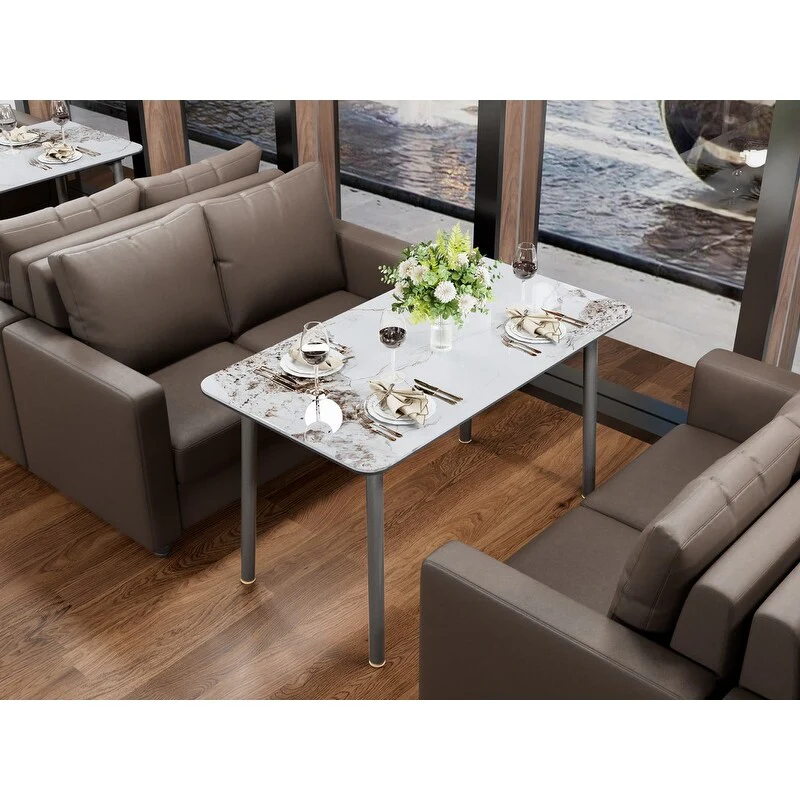 55” Rectangular Kitchen Dining Table Sintered Stone Tempered Glass Top with Metal Frame Table