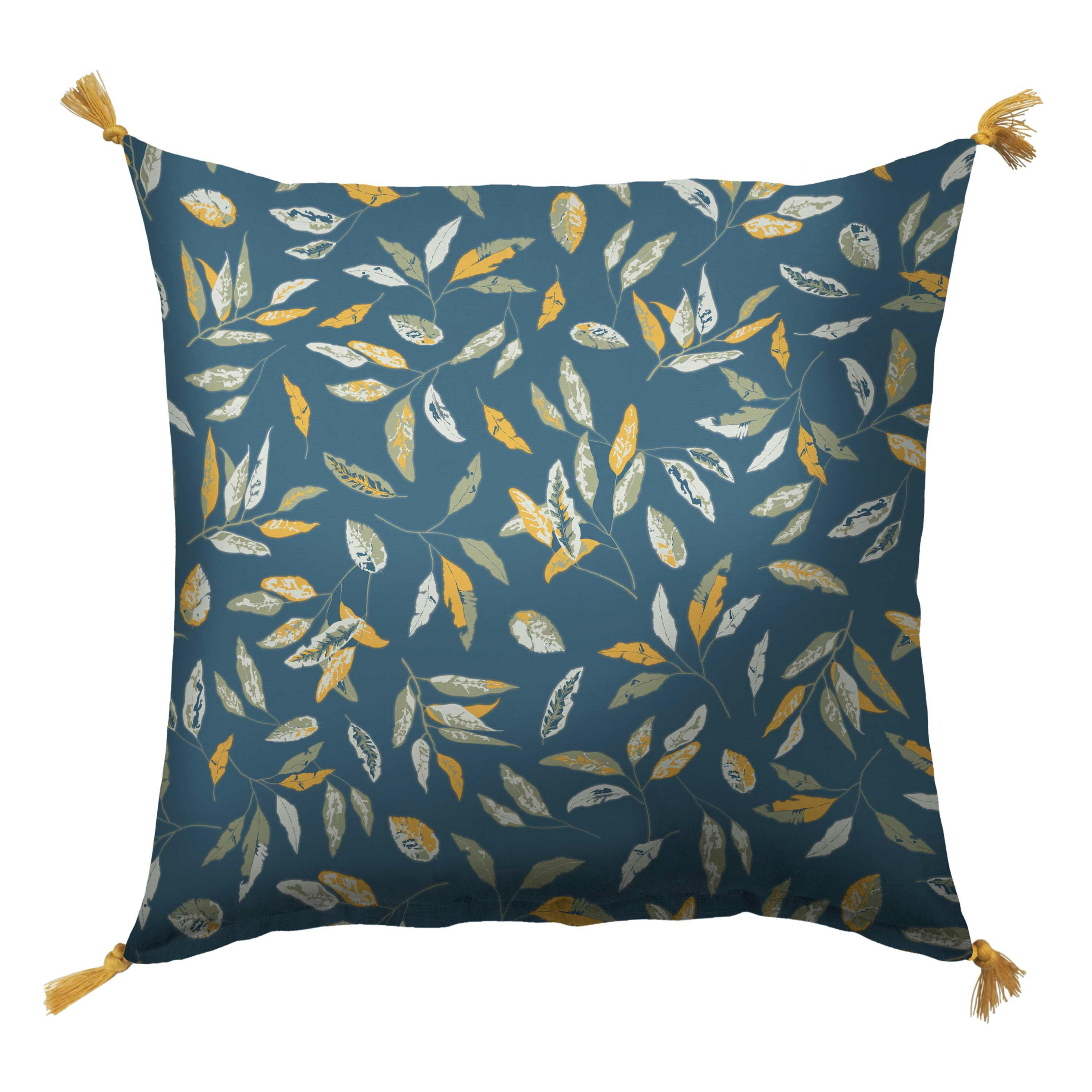 OMBRE VÉGÉTALE - Coussin imprimé en coton 45x45cm Indigo, Curry