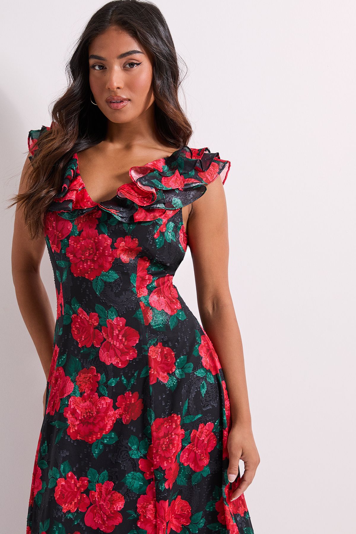 Dorothy Perkins Petite DP Luxe Black Floral Printed Jacquard Chiffon Ruffle Front Sleeveless Midi Dress