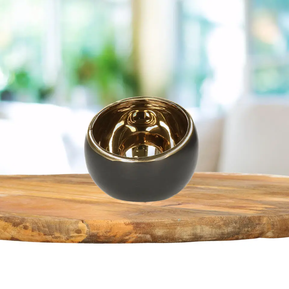 Countryfield theelichthouder/kaarsenhouder - zwart/goud - H9 cm
