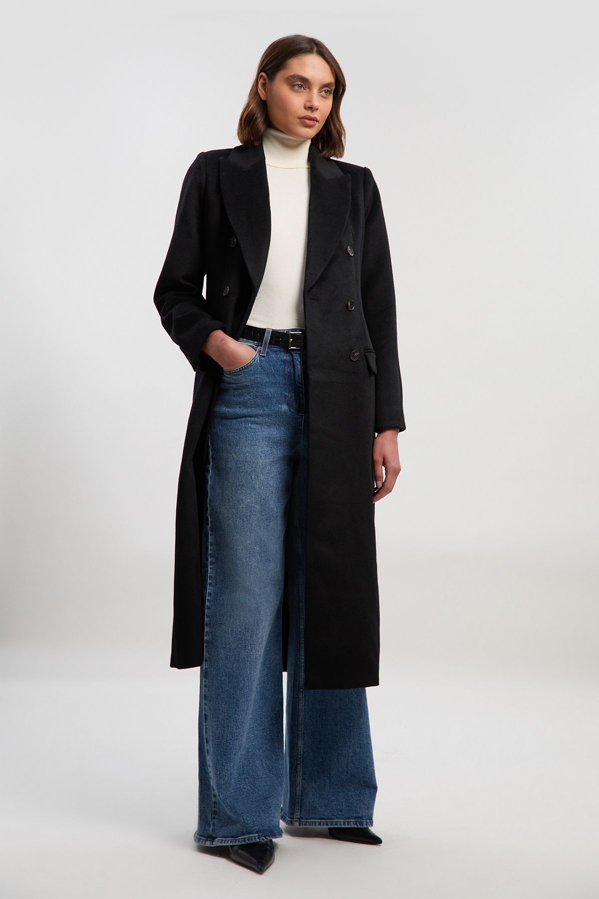 KarenMillen Brushed Wool Double Breasted Tailored Midi Coat