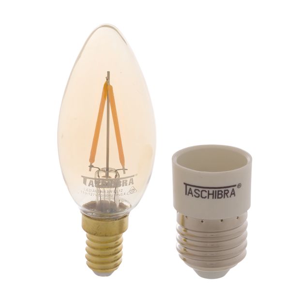 LÂMPADA VELA FILAMENTO E14 E27 3W 127V LUZ AMARELA TASCHIBRA