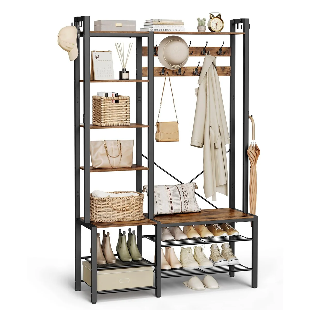 Hall Tree with Bench and Shoe Storage, Entryway Coat Rack, 5 Storage Shelves, 9 Coat Hooks, 6 Side Hooks, 15.7 x 47.2 x 74.8