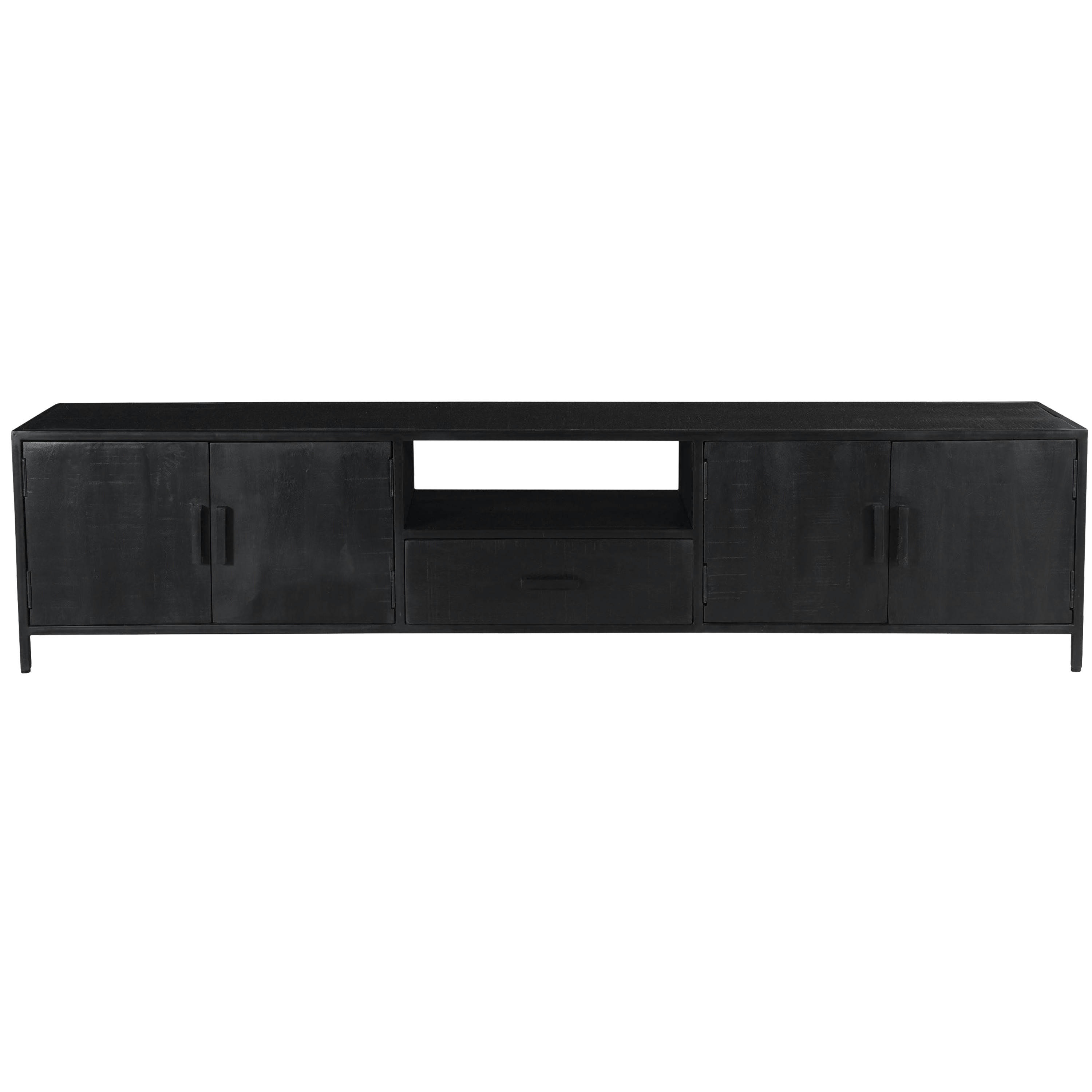 UZES - UZES-Meuble TV 4 portes 1 tiroir L 220, Manguier massif noir et métal