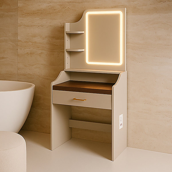 Afrodite - Coiffeuse avec lumière LED, tiroir, 3 étagères et prises, station de maquillage en bois taupe