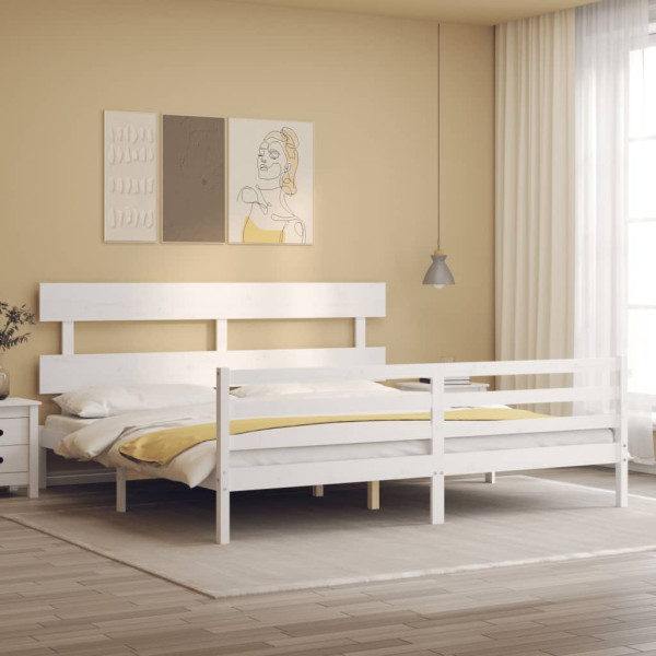 Rama łóżka z wezgłowiem biała 200x200 cm lite drewno