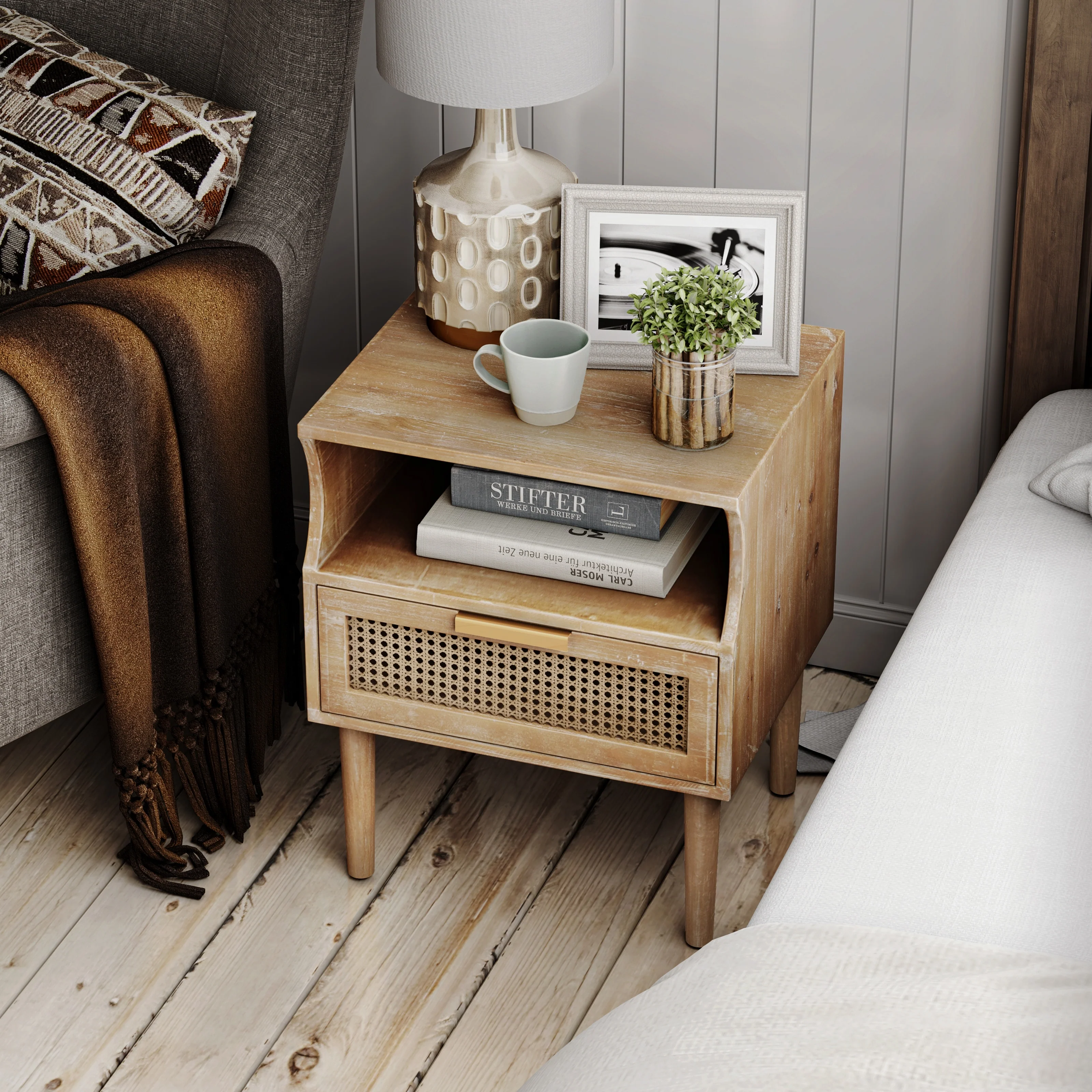 COZAYH Rustic Farmhouse Woven Fronts Nightstand, Spacious Storage End Table