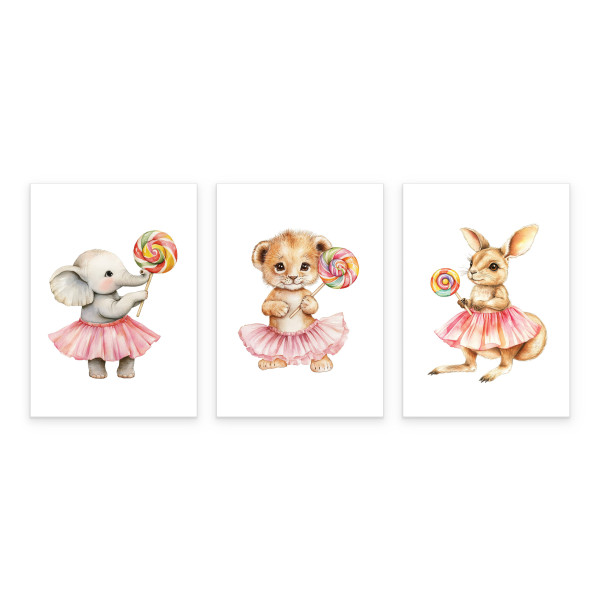 Plakaty Zwierzątka z lizakami SET 3x A4