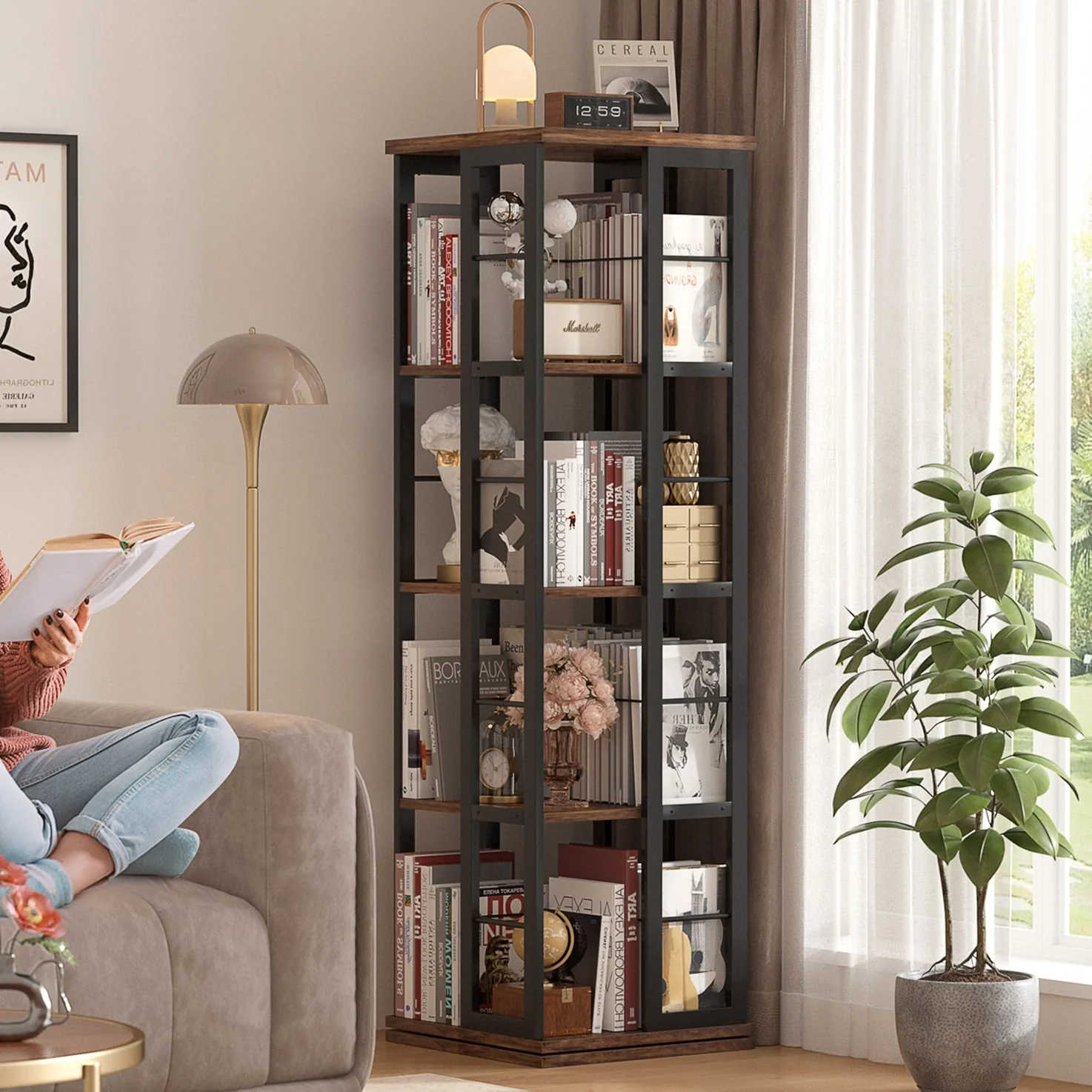 Corner Rotating Bookshelf, 360 Display Wood Spinning Bookshelf, Floor Standing Bookcase Organizer Storage Rack