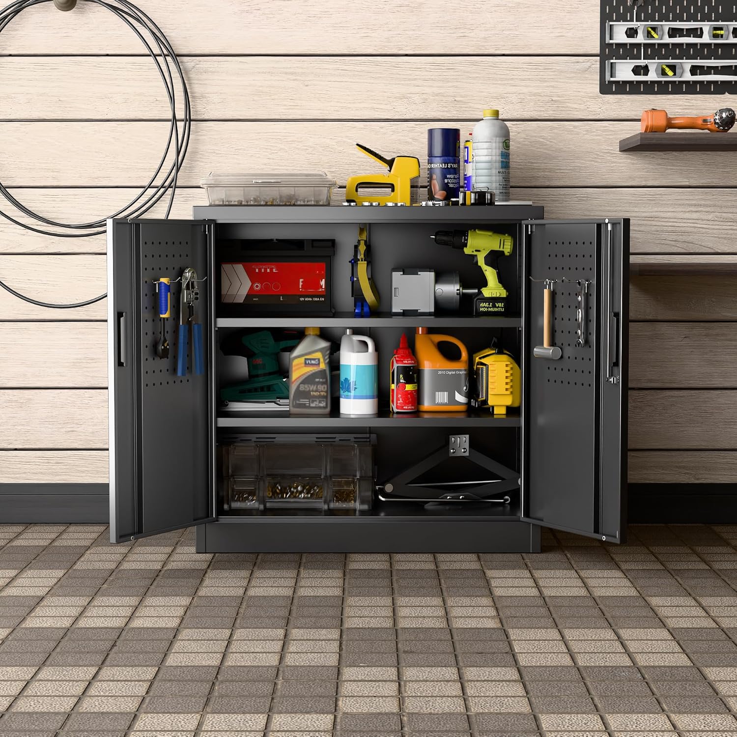 Metal Storage Cabinet with 2 Lockable Doors and 2 Adjustable Shelves, Locking Garage Storage Cabinet with Pegboard, Small Metal Cabinet with Lock for Garage, Home, Black, Assembly Required