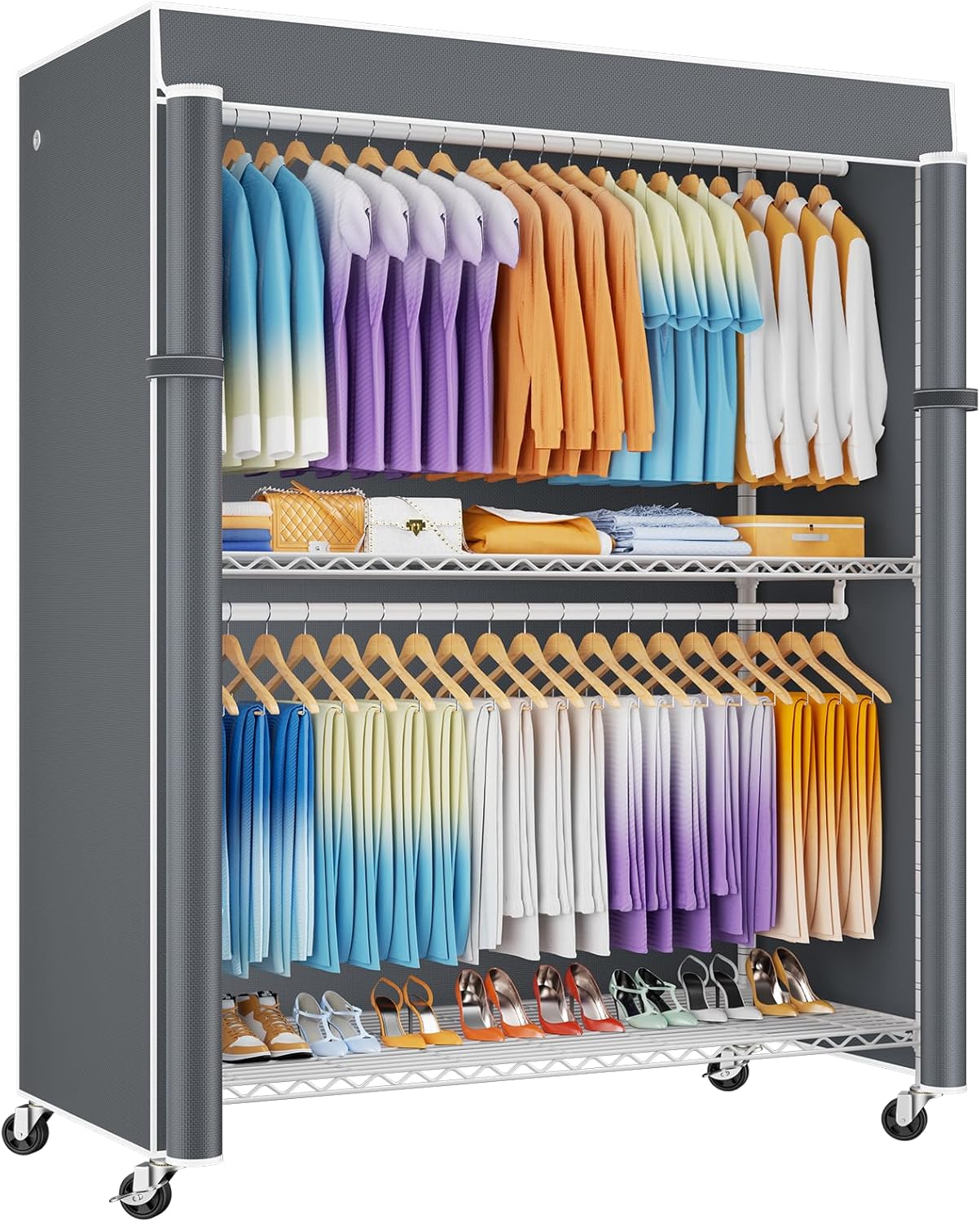 ULIFHOME P8C Max Heavy Duty Clothes Rack（With Extended Width Design） Rolling Clothing Racks for Hanging Clothes with Lockable Wheels，51.2 W x 15.8 D x 80.5 H，Load 700LBS，White Rack with Grey Cover
