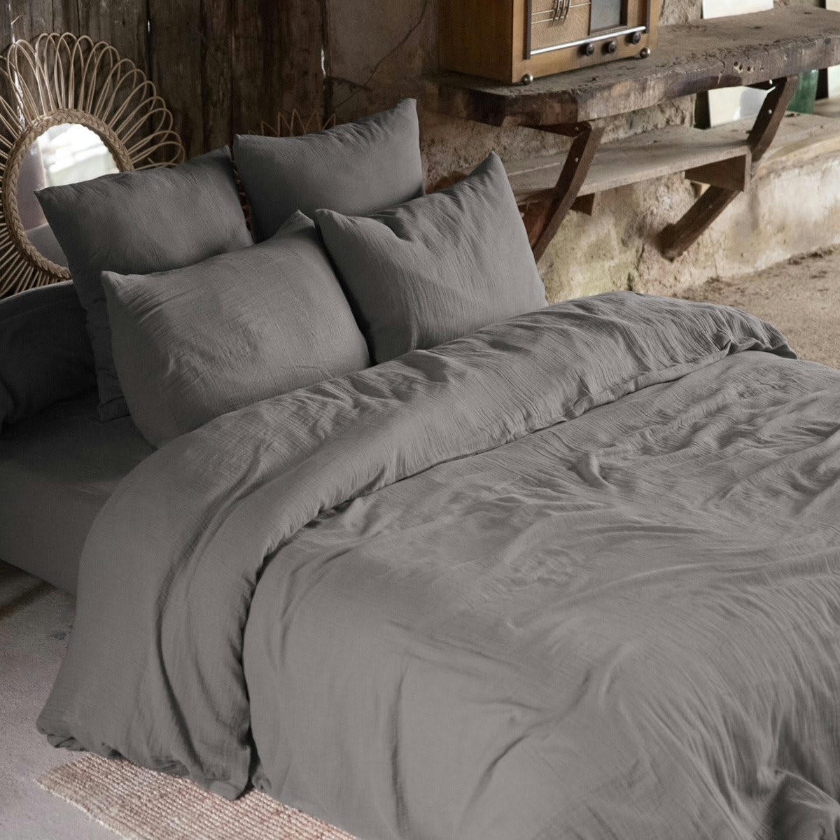GAIA - Housse de couette unie 260x240 cm Gaze de coton granit