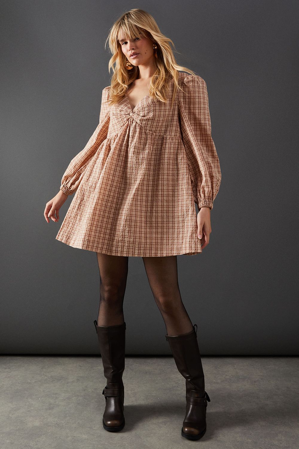 Warehouse Check V Neck Volume Sleeve Mini Dress