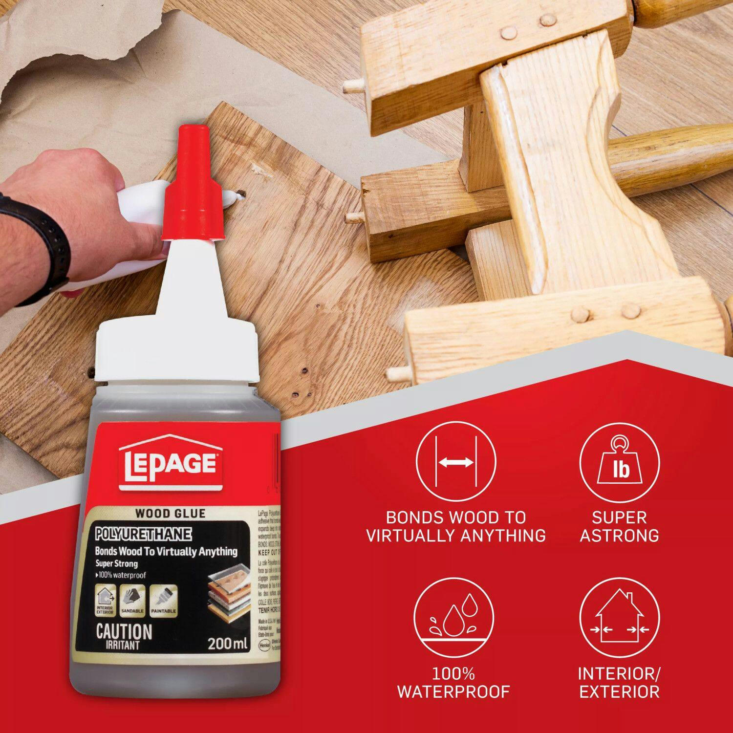 LePage Polyurethane Wood Glue, Indoor/Outdoor, Waterproof, Sandable, Paintable, Brown, 200-mL