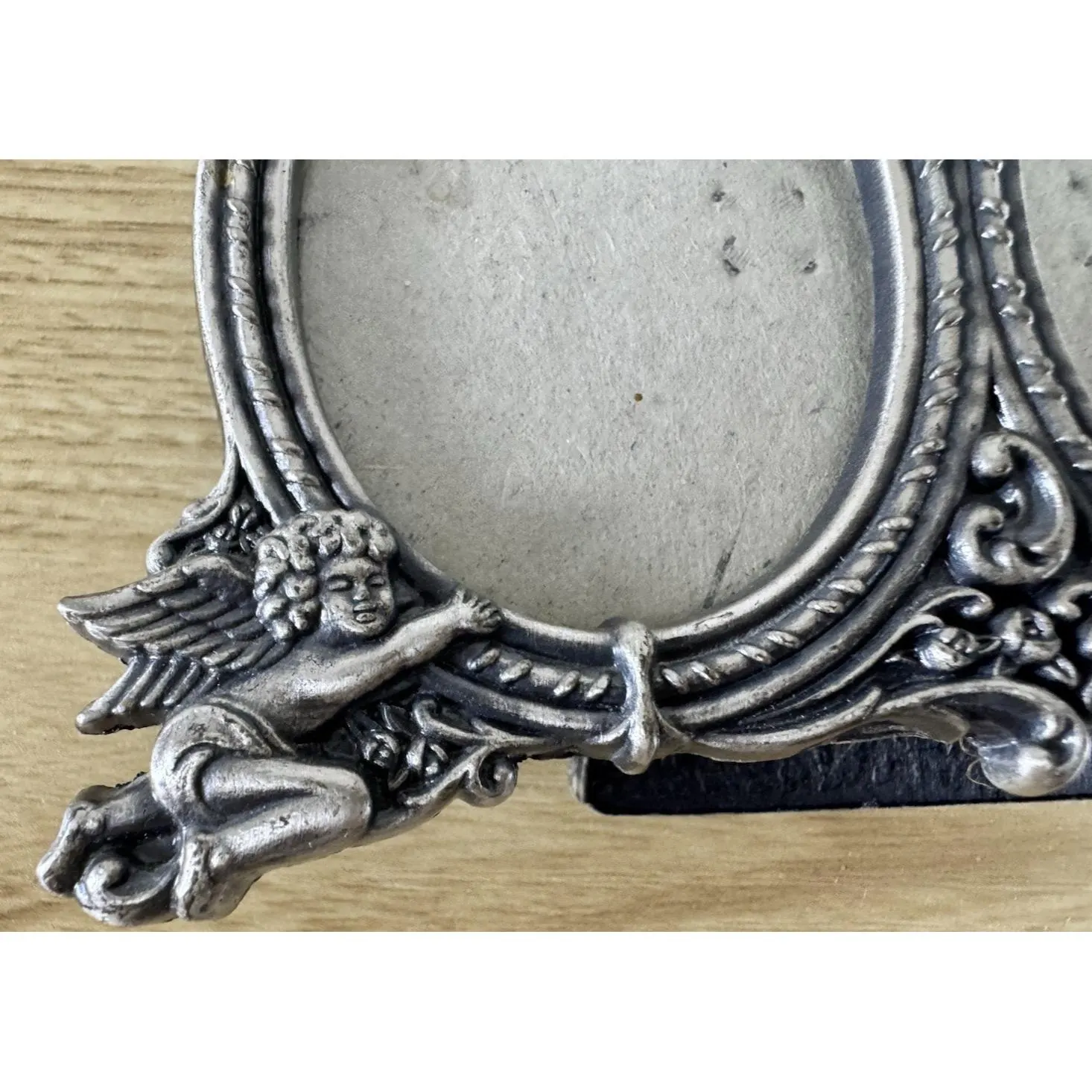 Vintage Burnes of Boston Pewter Double Oval Picture Frame Cherub Angel Ornate