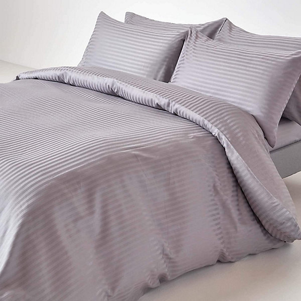 Drap plat satin rayé en coton égyptien 330 fils gris, 180x290 cm - HOMESCAPES