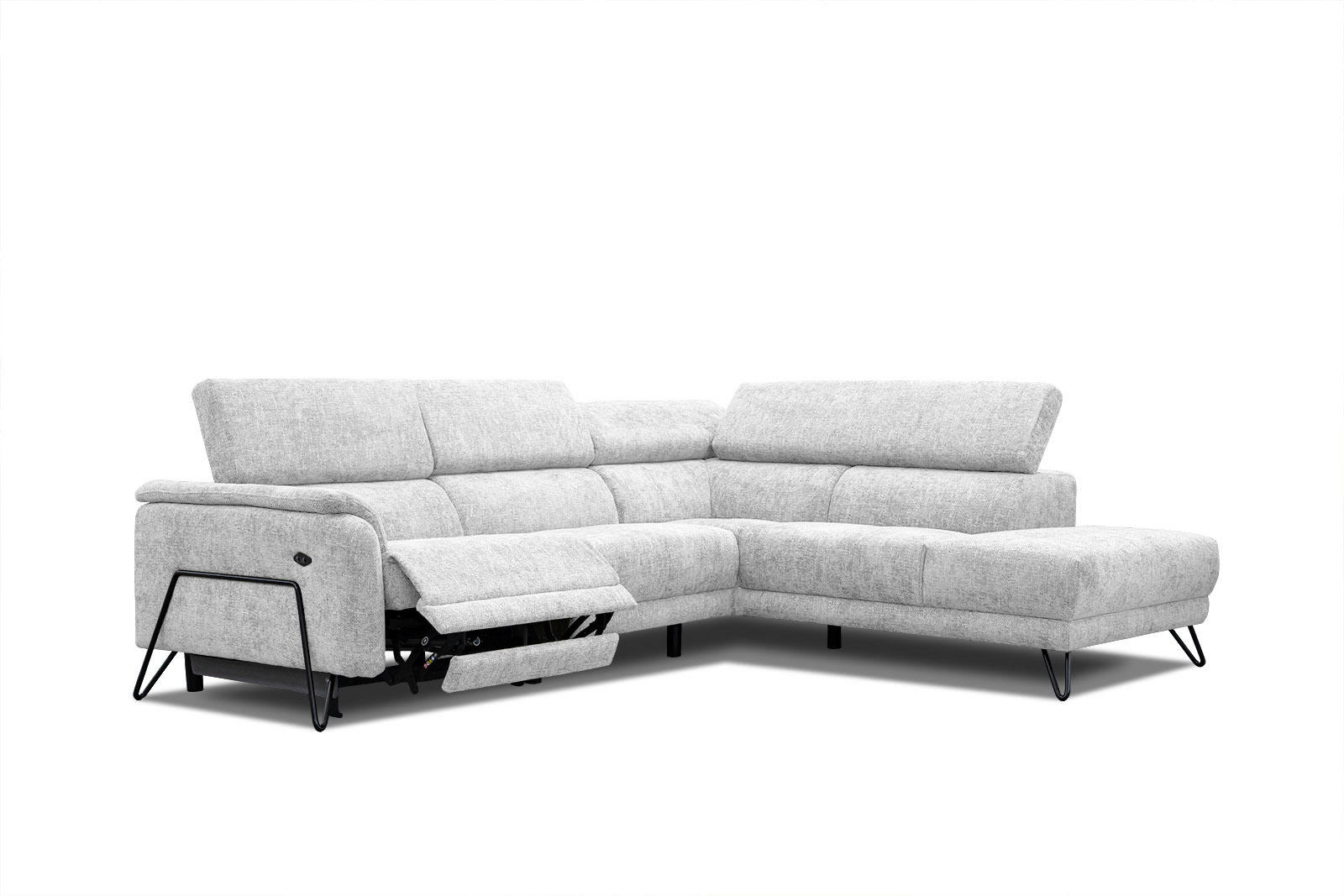 RODEN - Canapé d'angle droit 5 places avec relax électrique tissu gris clair