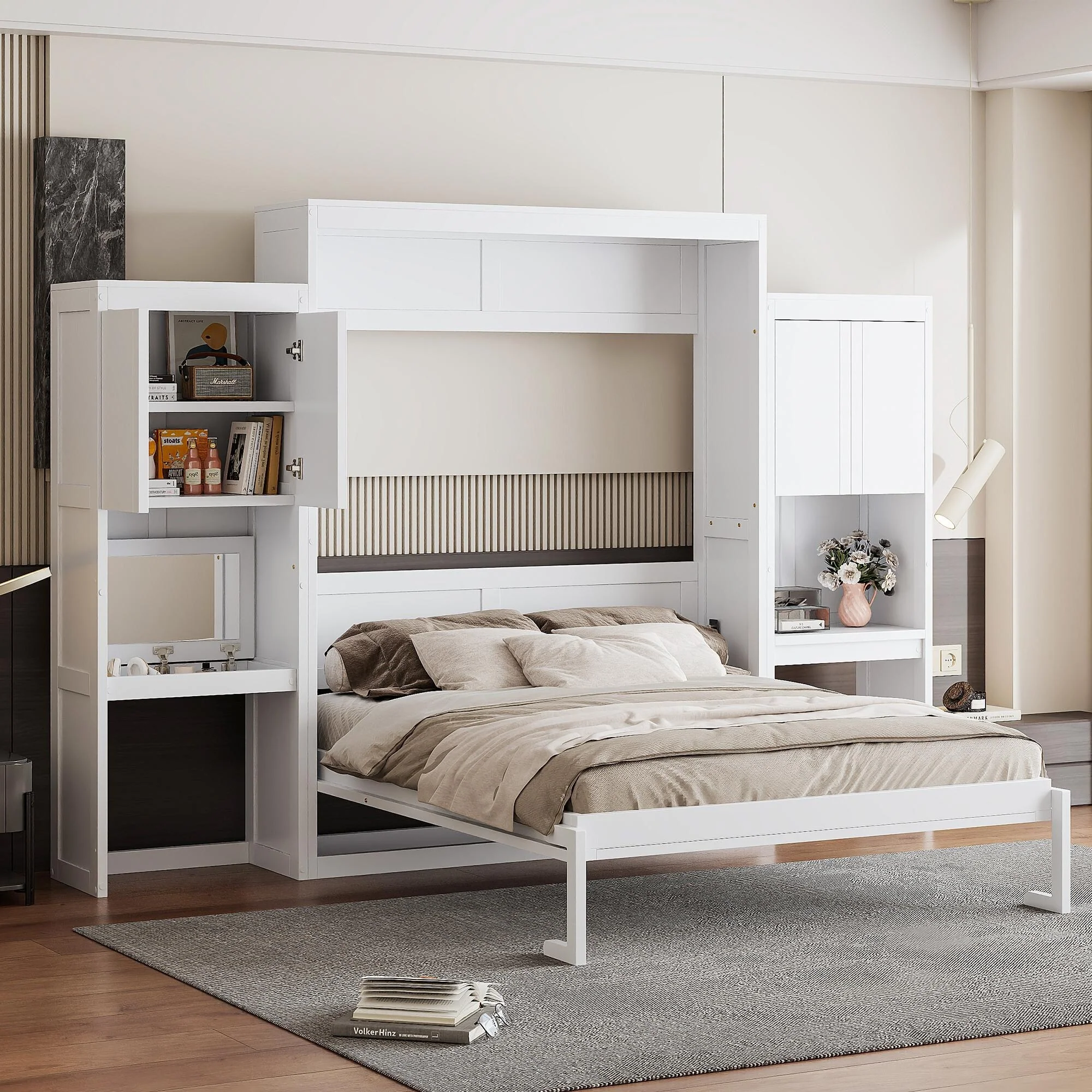 Queen Size Murphy Bed with Desk, Vanity and Cabinets, White