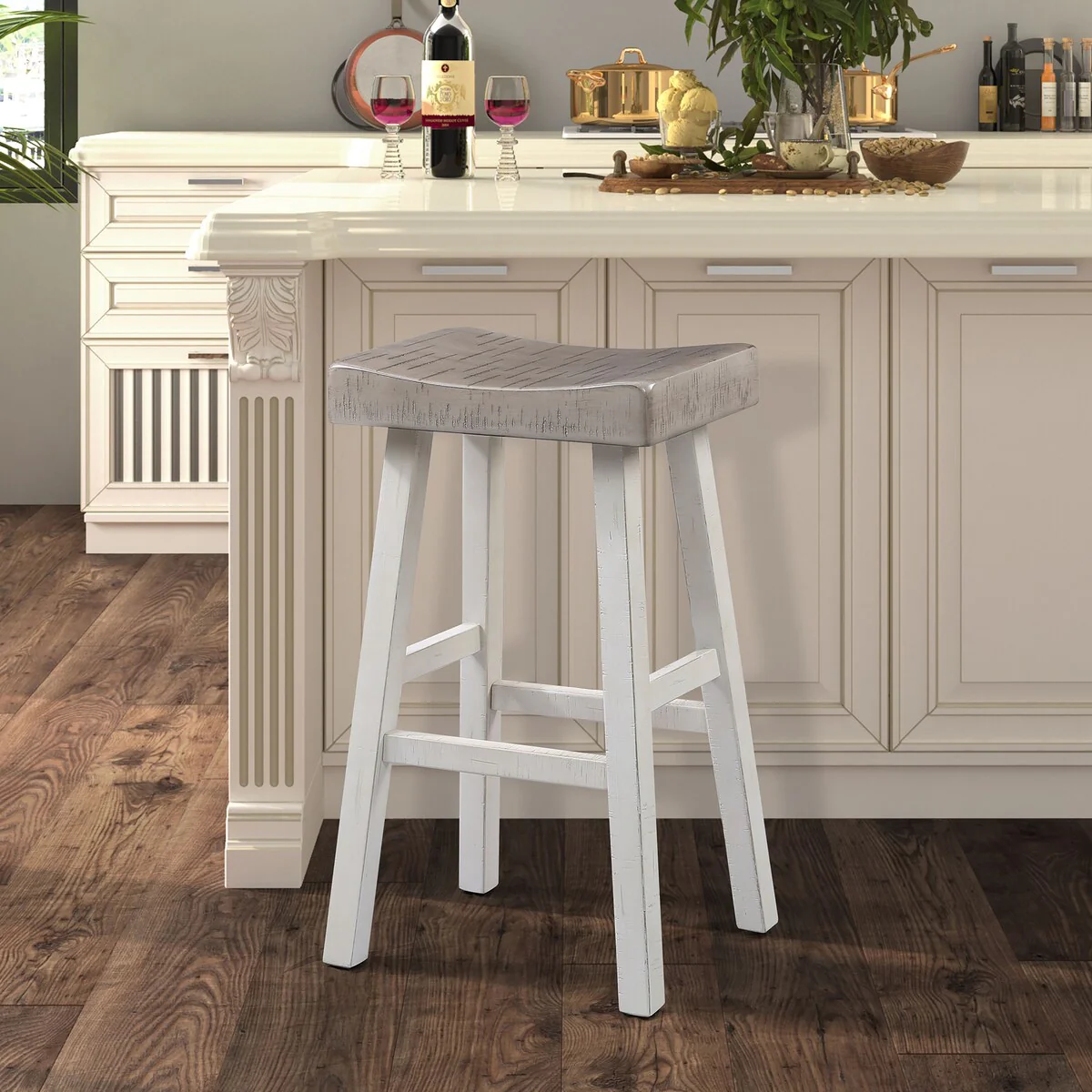Furniture of America Barne Farmhouse Solid Wood Hefty Saddle Seat Bar Stools (Set of 2)