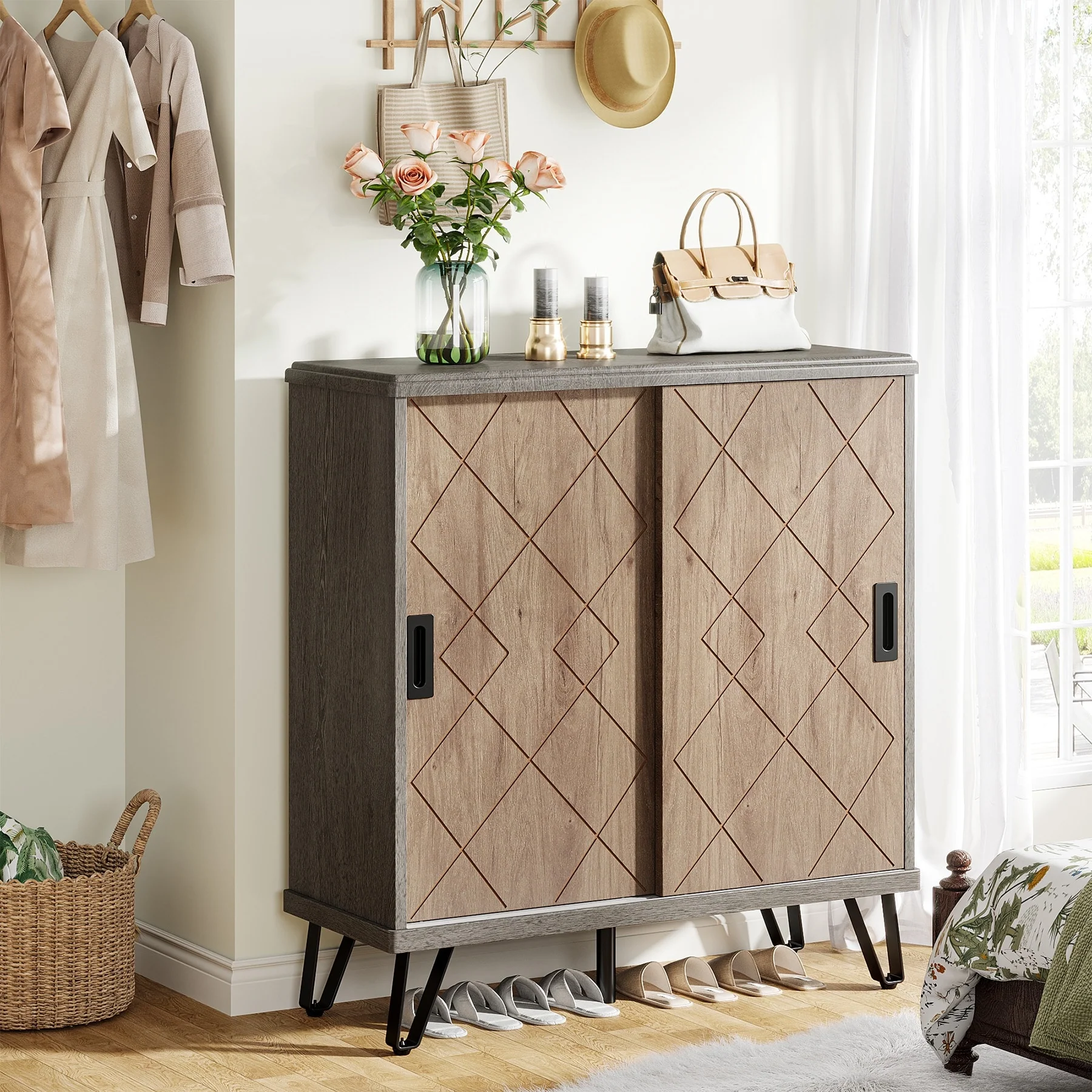 5-tier Wood Shoe Storage Cabinet with Sliding Doors for Entryway