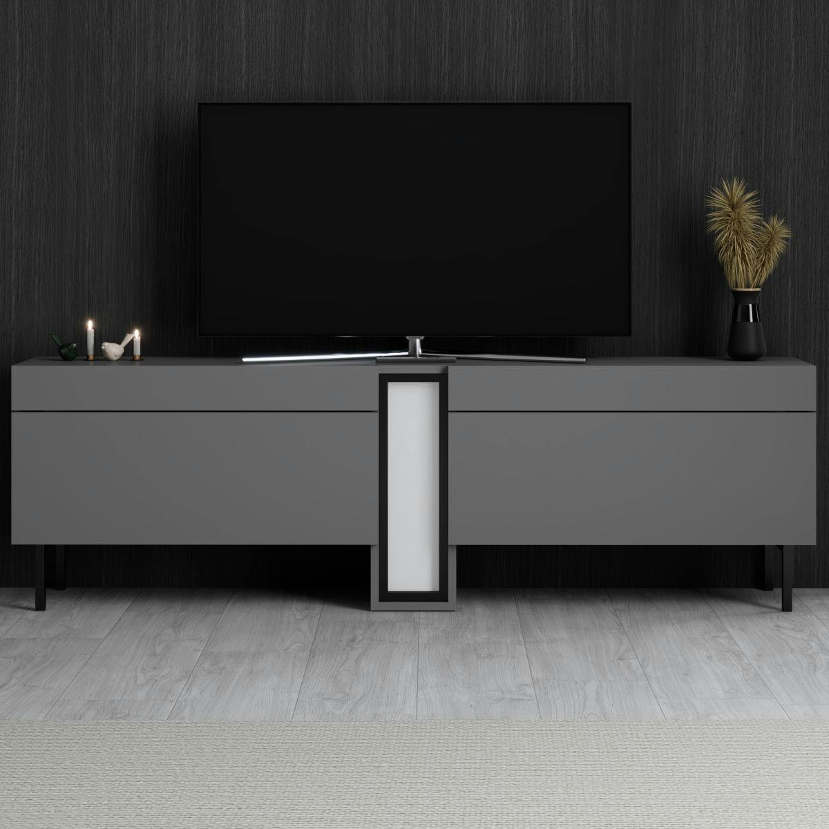 Meuble TV 2 portes gris foncé colonne LED télécommande AURA